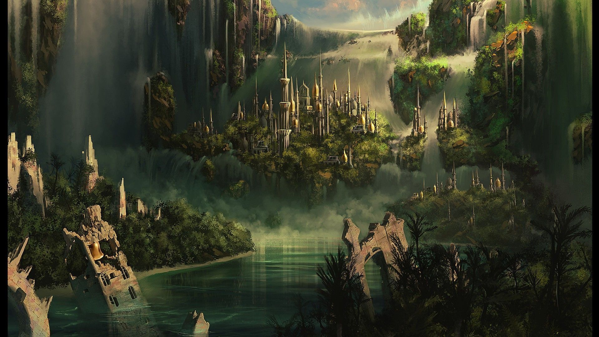 Island of Bohemia. Fantasy landscape, Fantasy city