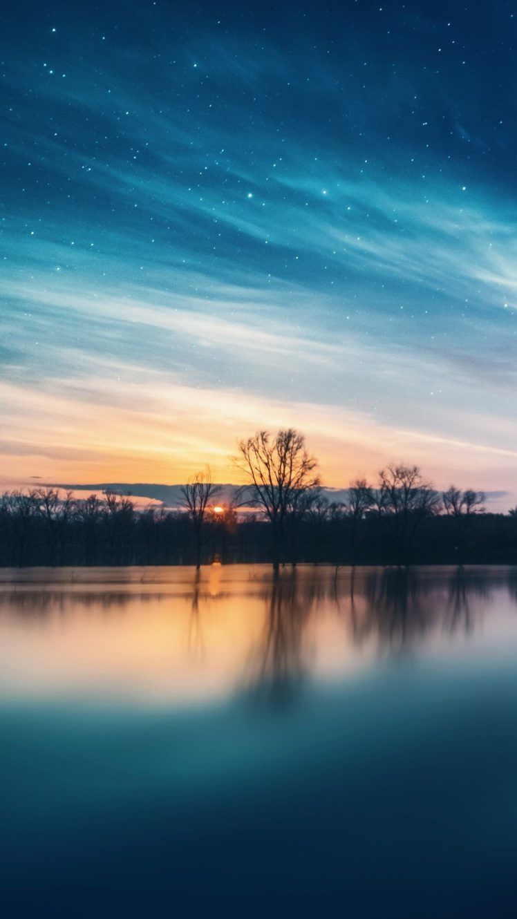 stars, Blue, Sky, Beauty, Lake, Tree, Sunset, Cloud, Landscape