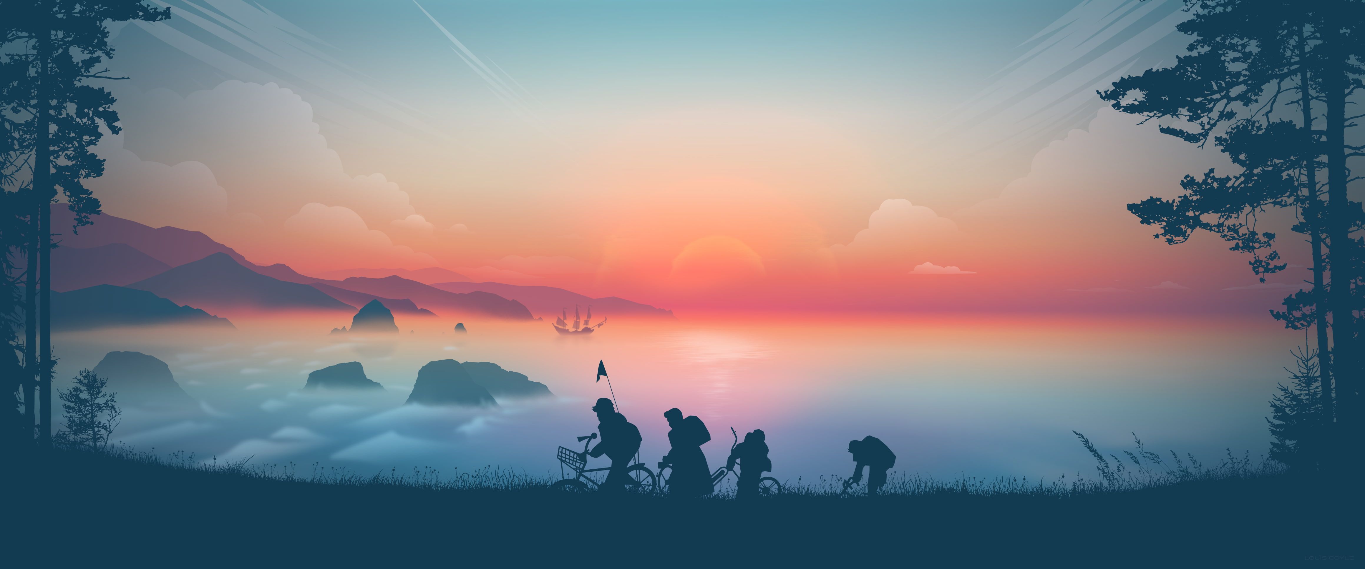 artwork digital art The Goonies #sunset #clouds #mist Pirate ship