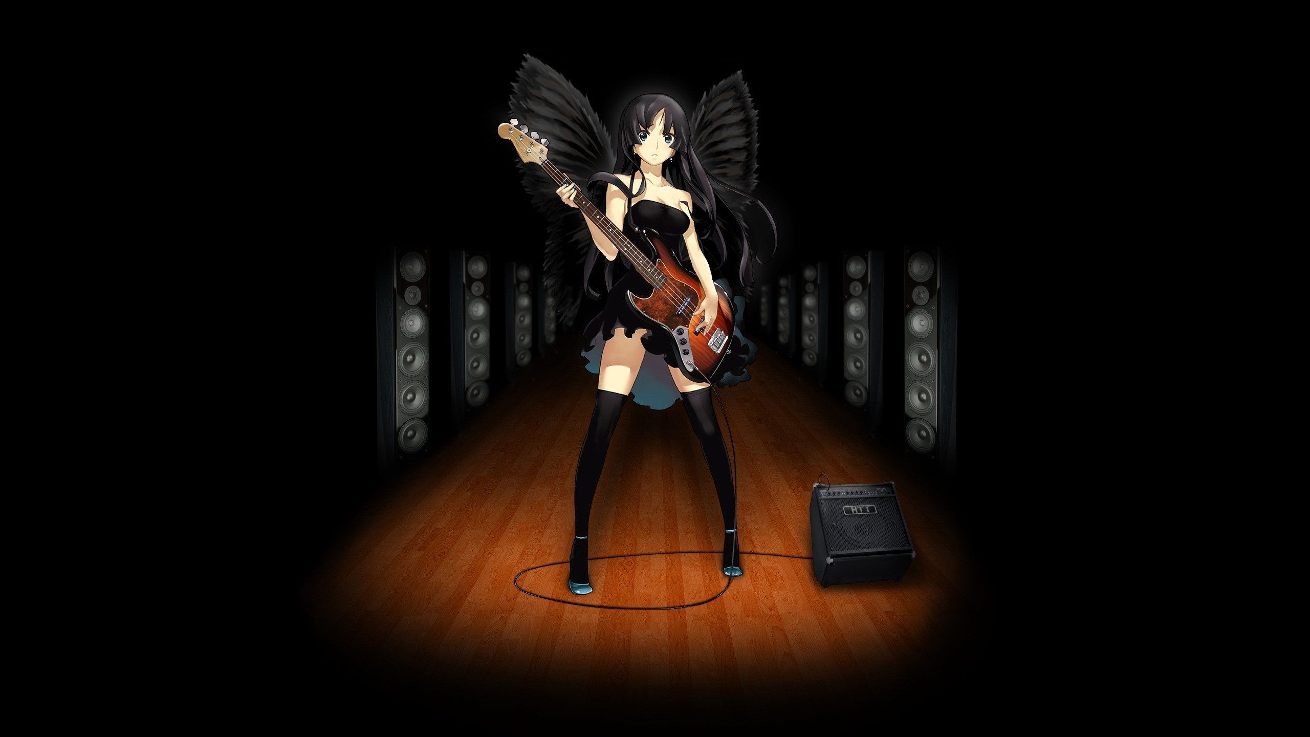 Wallpaper Black angel girl, anime, play guitar, music 2560x1600 HD