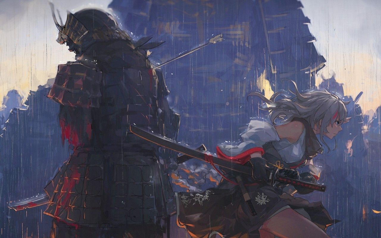 Download 1280x800 Anime Girl, Samurai, Battle, Sword, Raining