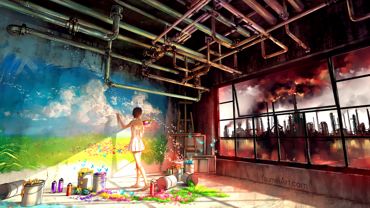 Download 1280x720 Anime Girl, Painting, Room, Anime Landscape