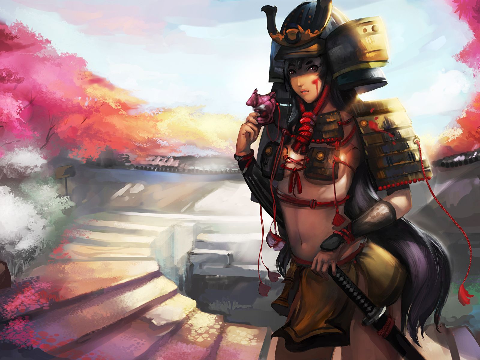Desktop Wallpaper Armor Samurai Warriors female Fantasy 1600x1200