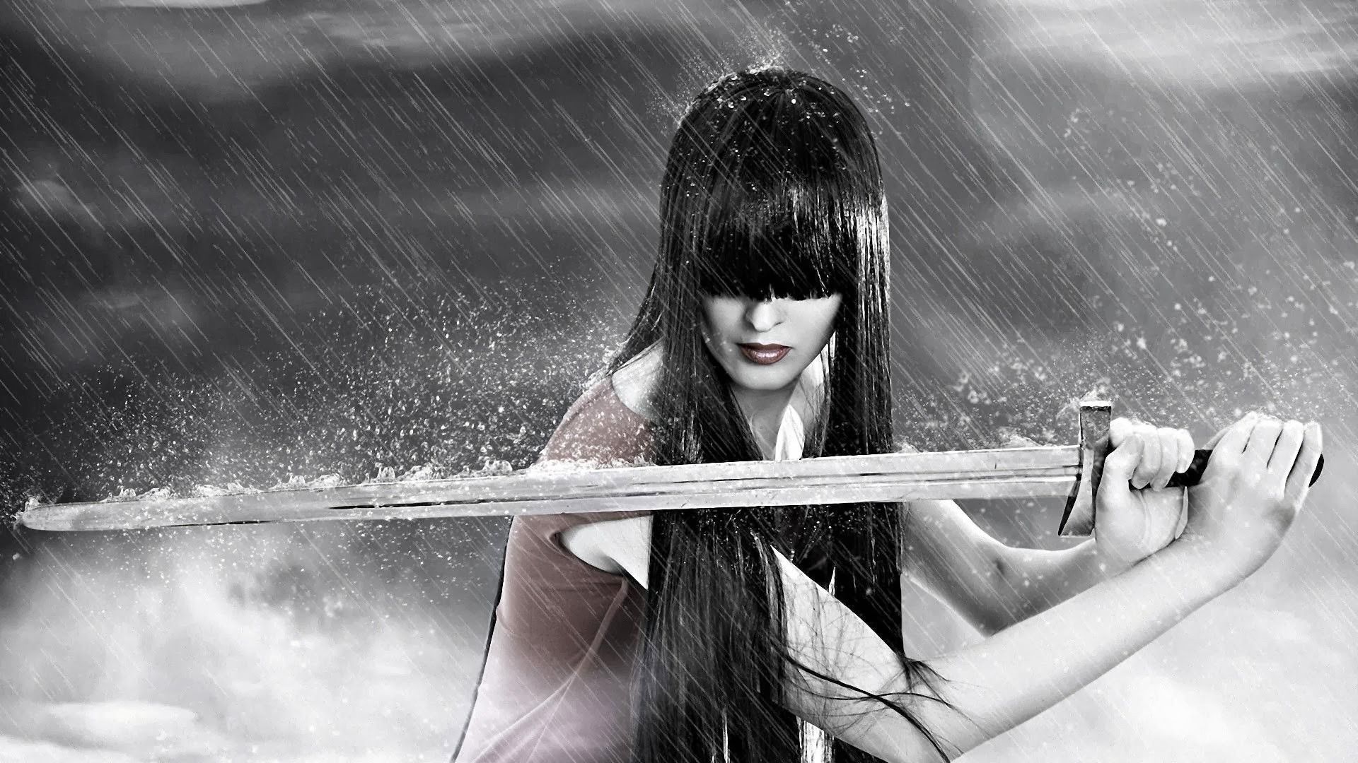 #samurai, #model, #sword, #fantasy girl, #rain, #women