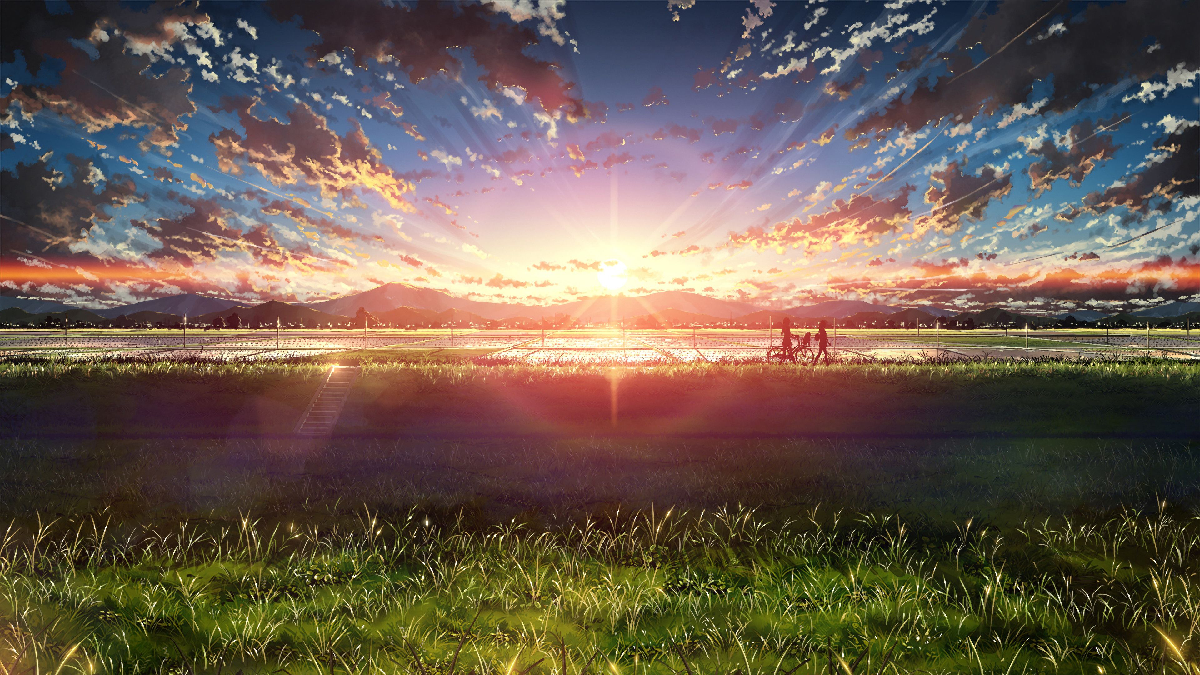 Anime Beautiful Sunrise Landscape Sky Clouds Scenery 4K Wallpaper