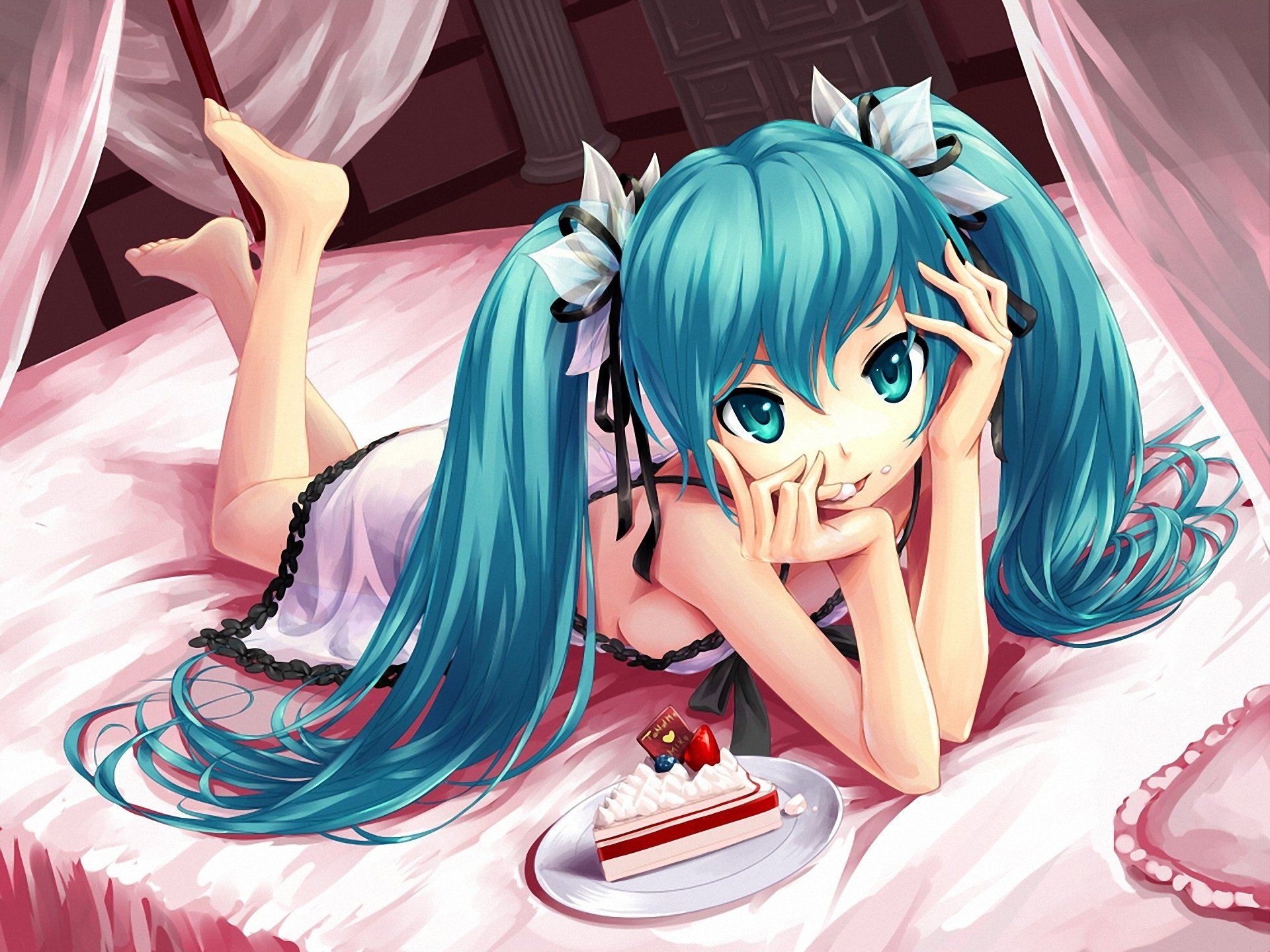 Vocaloid Hatsune Miku Cake Hair Bed Anime Girls wallpaperx1440