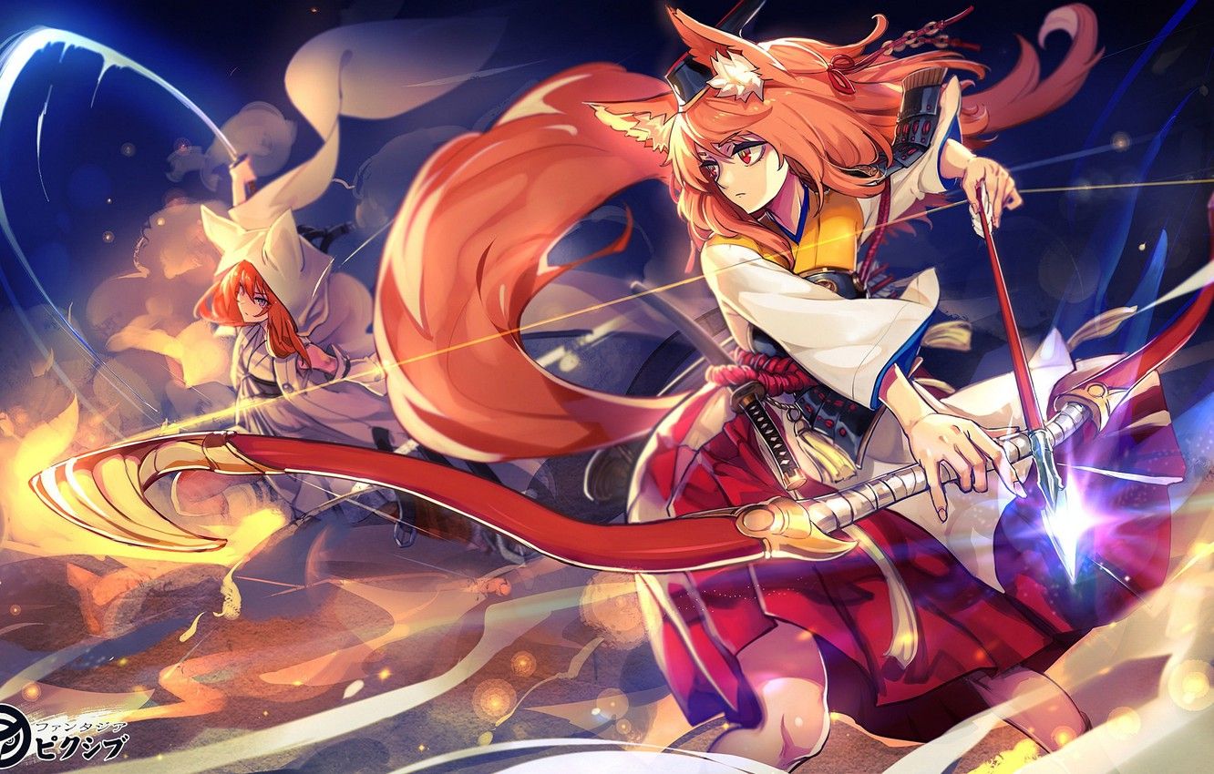 Wallpaper magic, two, bow, tail, arrow, the battle, ears, fox girl