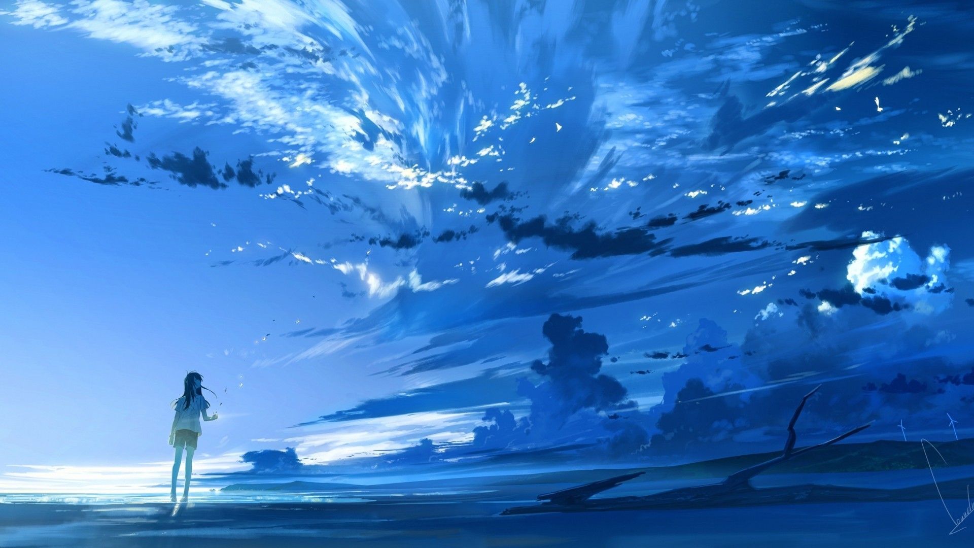 Download 1920x1080 Anime Girl, Clouds, Scenic, Sky Wallpaper for Widescreen