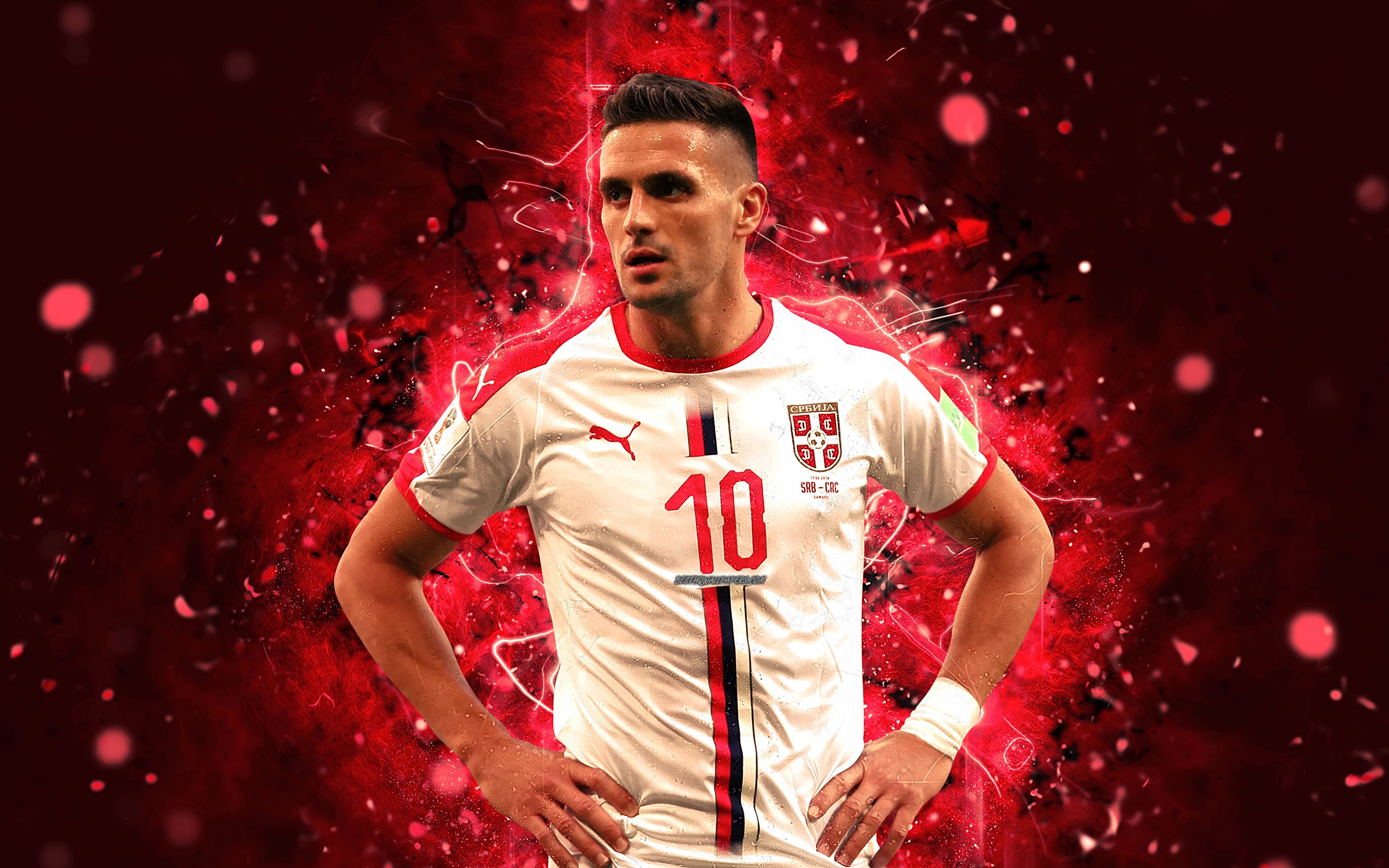 Download wallpaper Dusan Tadic, 4k, abstract art, Serbia National Team, fan art, Tadic, soccer, footballers, neon lights, Serbian football team for desktop with resolution 3840x2400. High Quality HD picture wallpaper