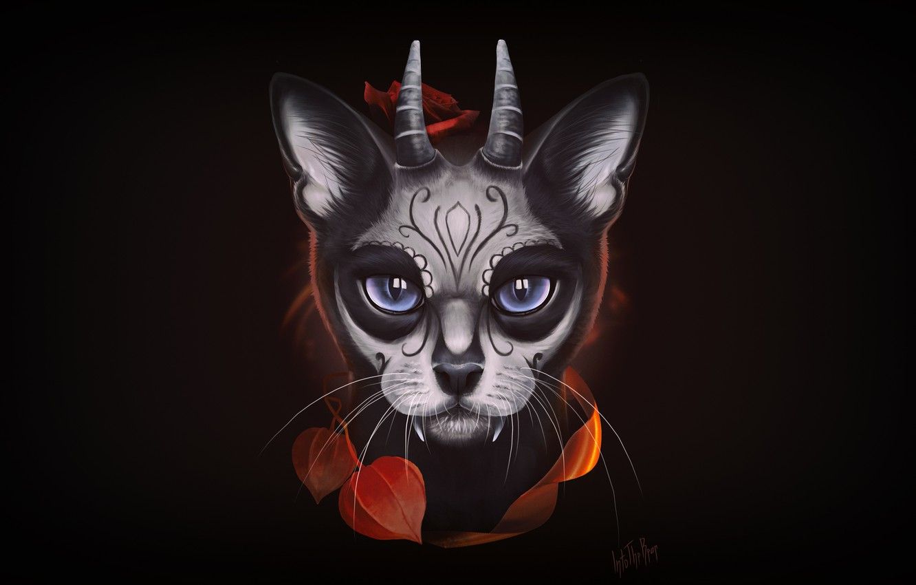 Wallpaper Minimalism, Cat, Eyes, Death, Art, Art, Cat, Santa Muerte, Into The Bear, by Into The Bear, A fan of Santa Muerte, Holy Death, Santa Muerte image for desktop, section минимализм