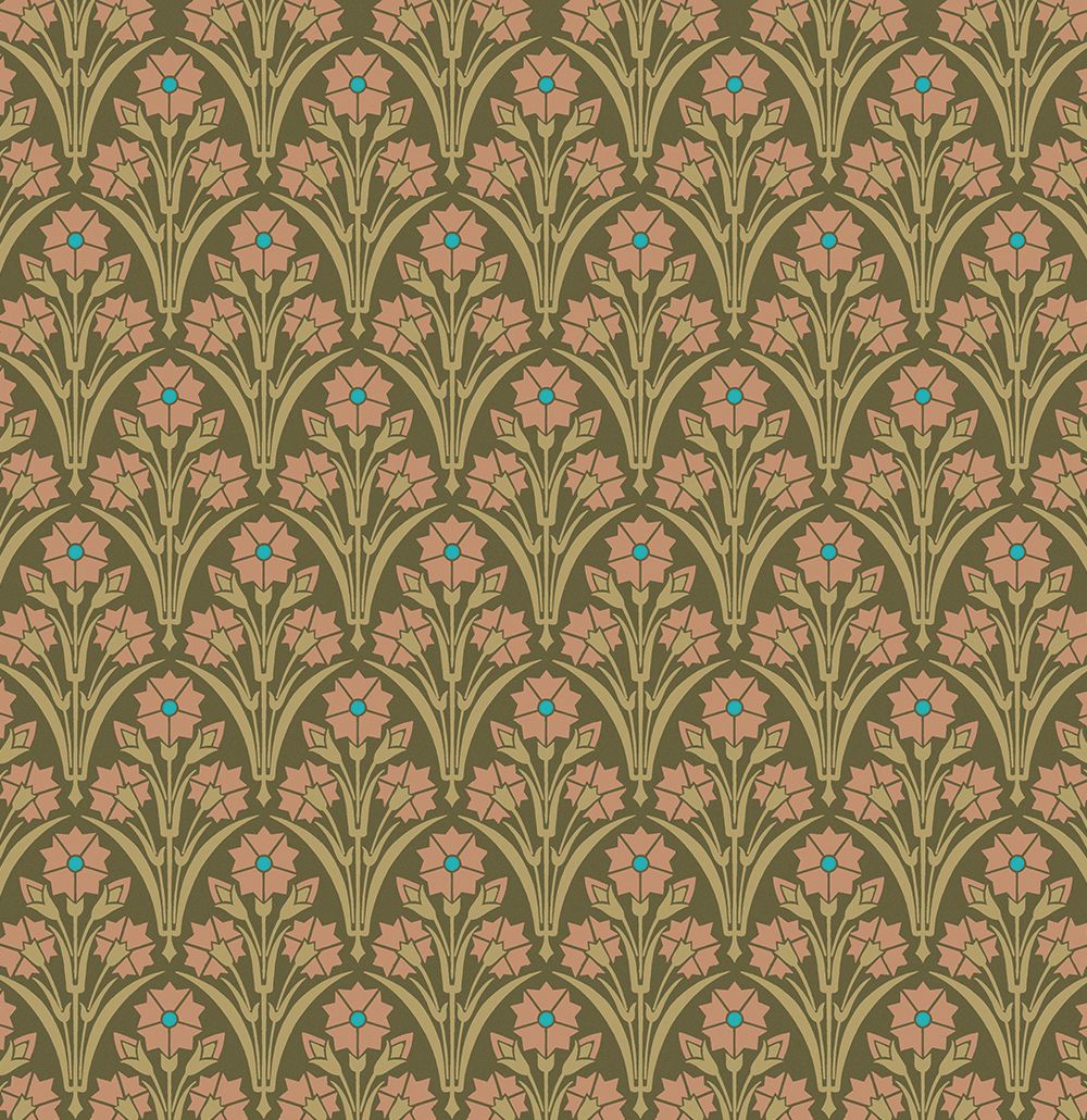 Victorian Style Wallpaper. Green Bachelor Button Floral Wallpaper