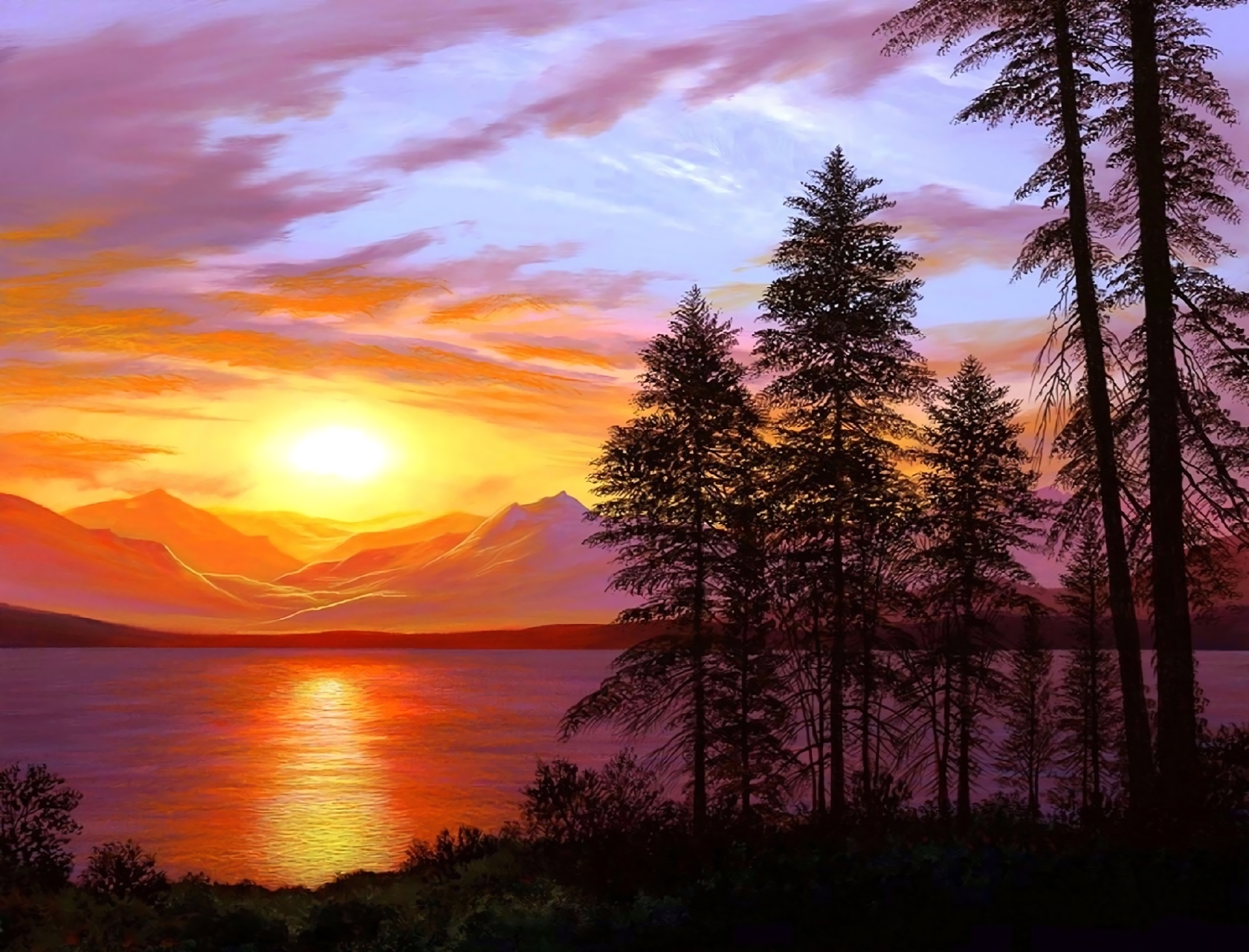 Sunset over Mountains and Lake Wallpaper