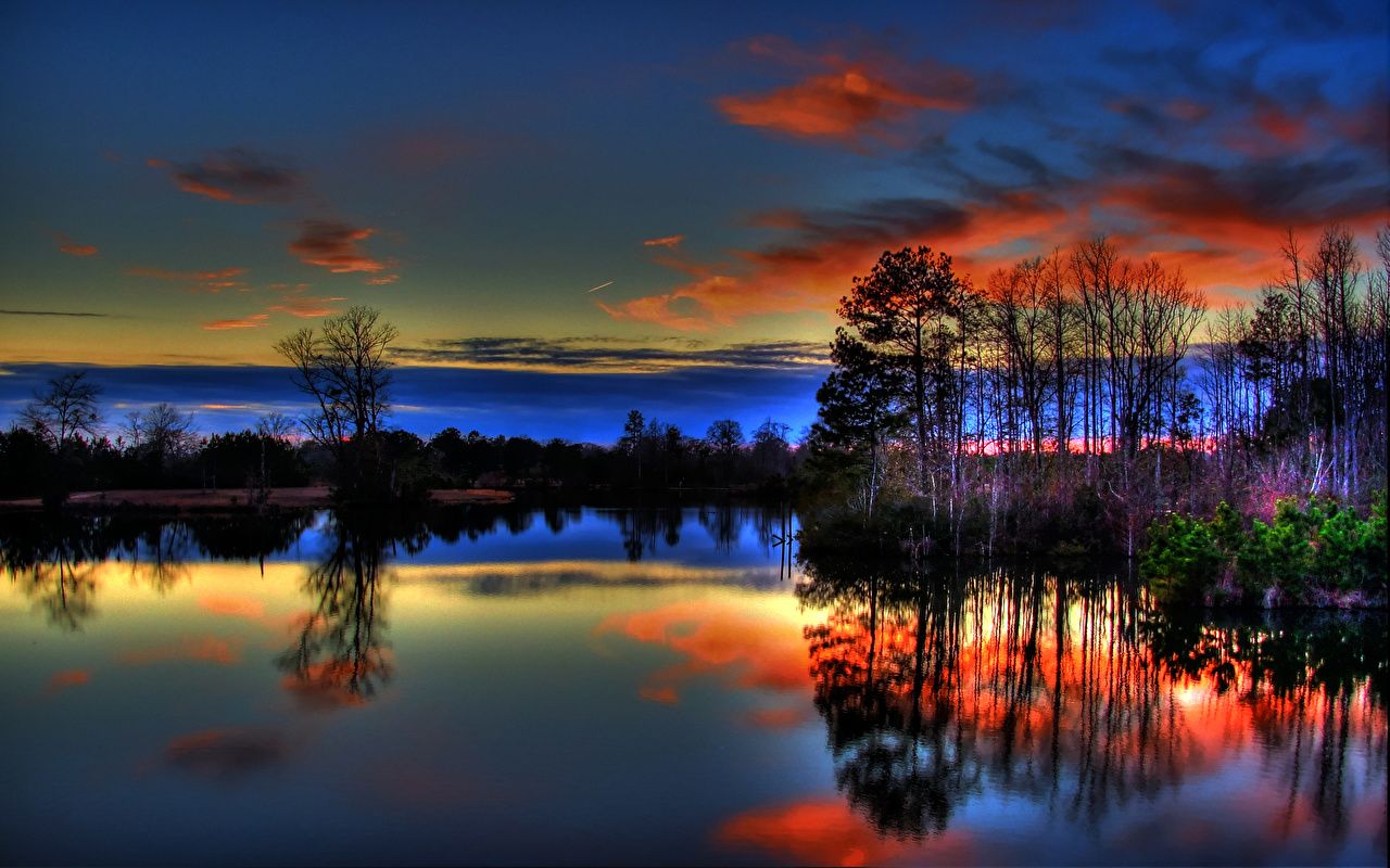 Desktop Wallpaper Nature Sky Lake Sunrises and sunsets Trees