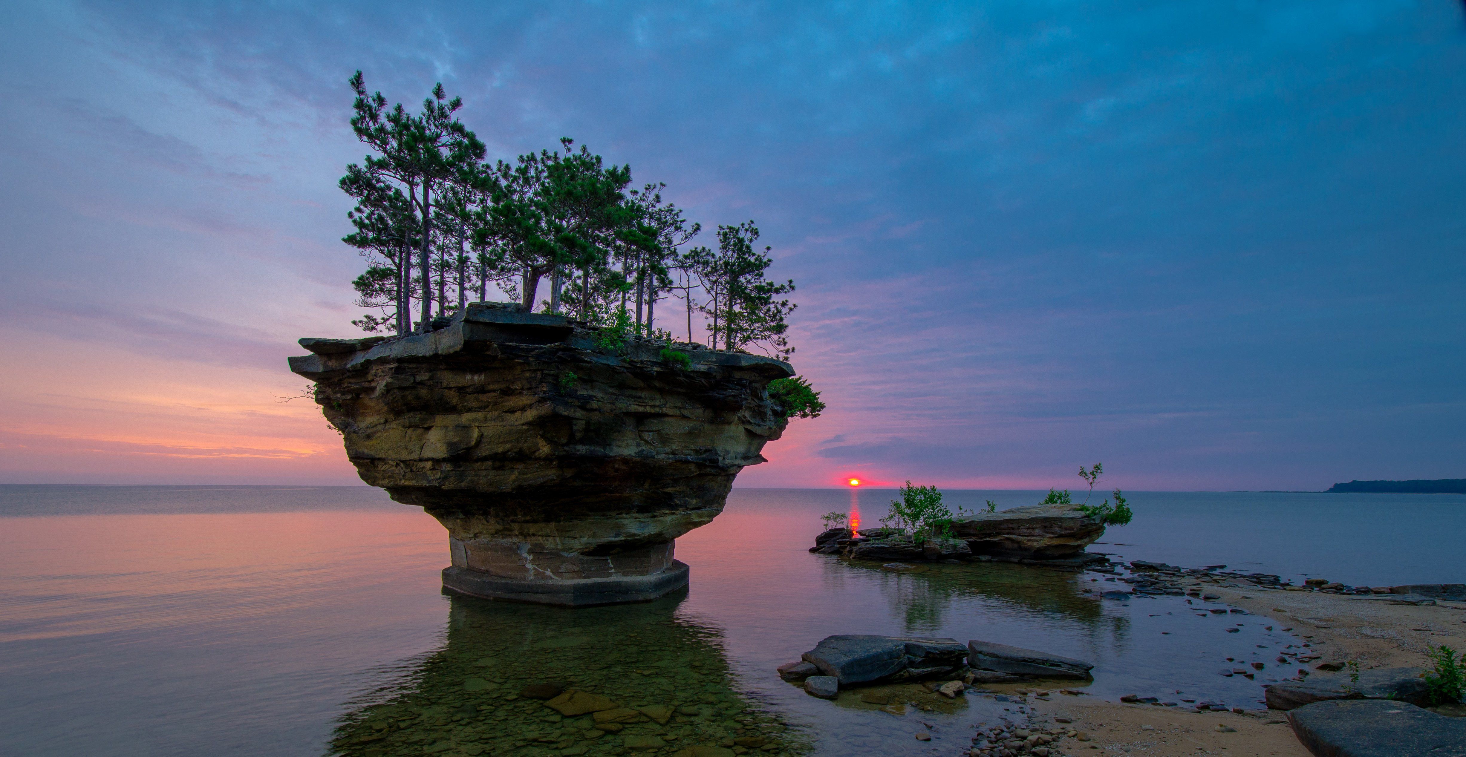 Michigan Lake Huron sunset rock trees landscape wallpaper