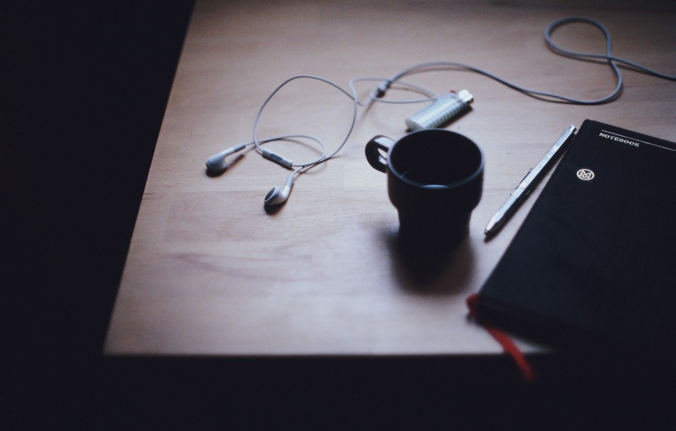 Wallpaper table, headphones, lighter, Cup, diary image