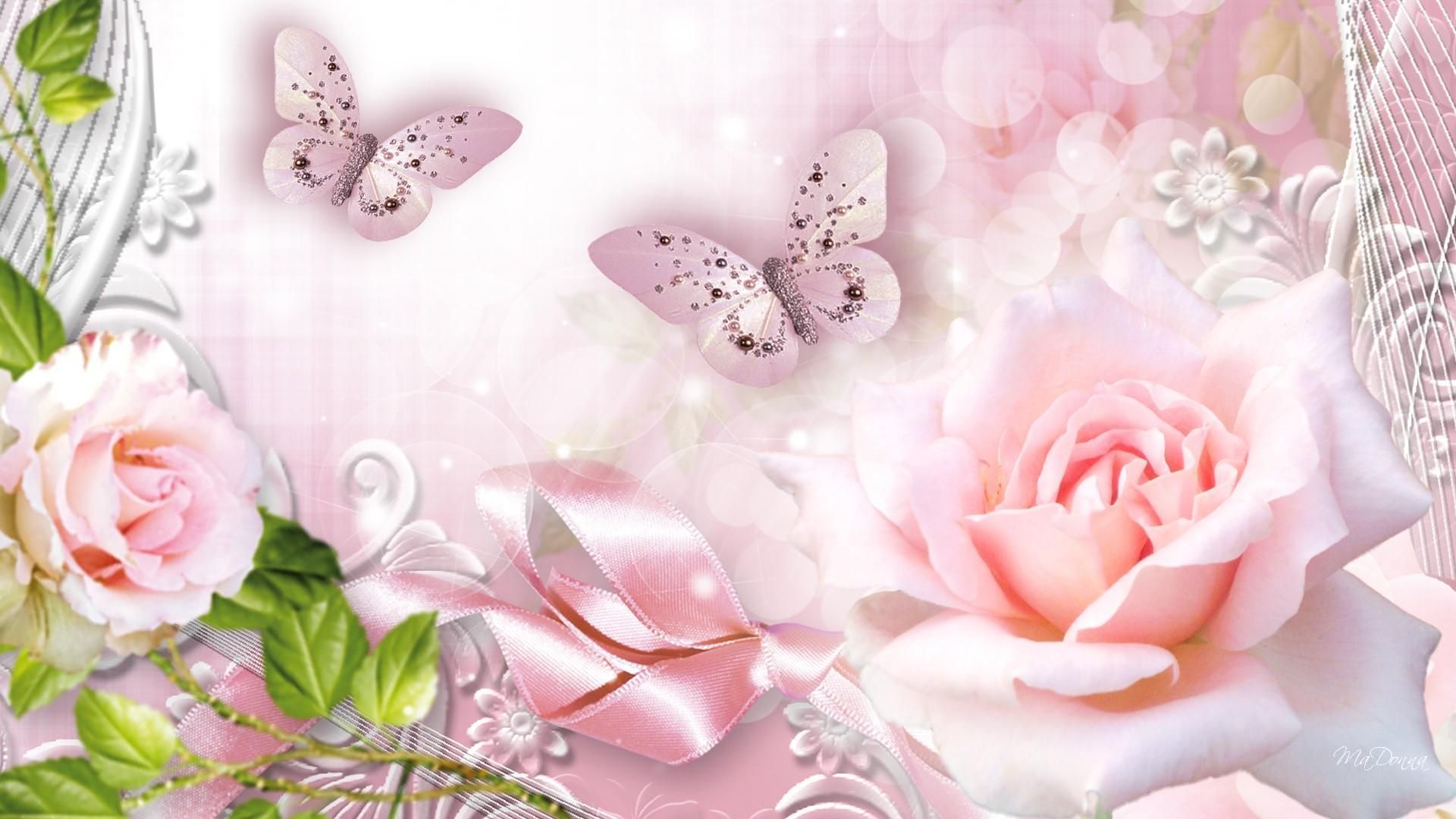Sparkling Butterflies Roses Pink Wallpaper. Цветы, Картинки