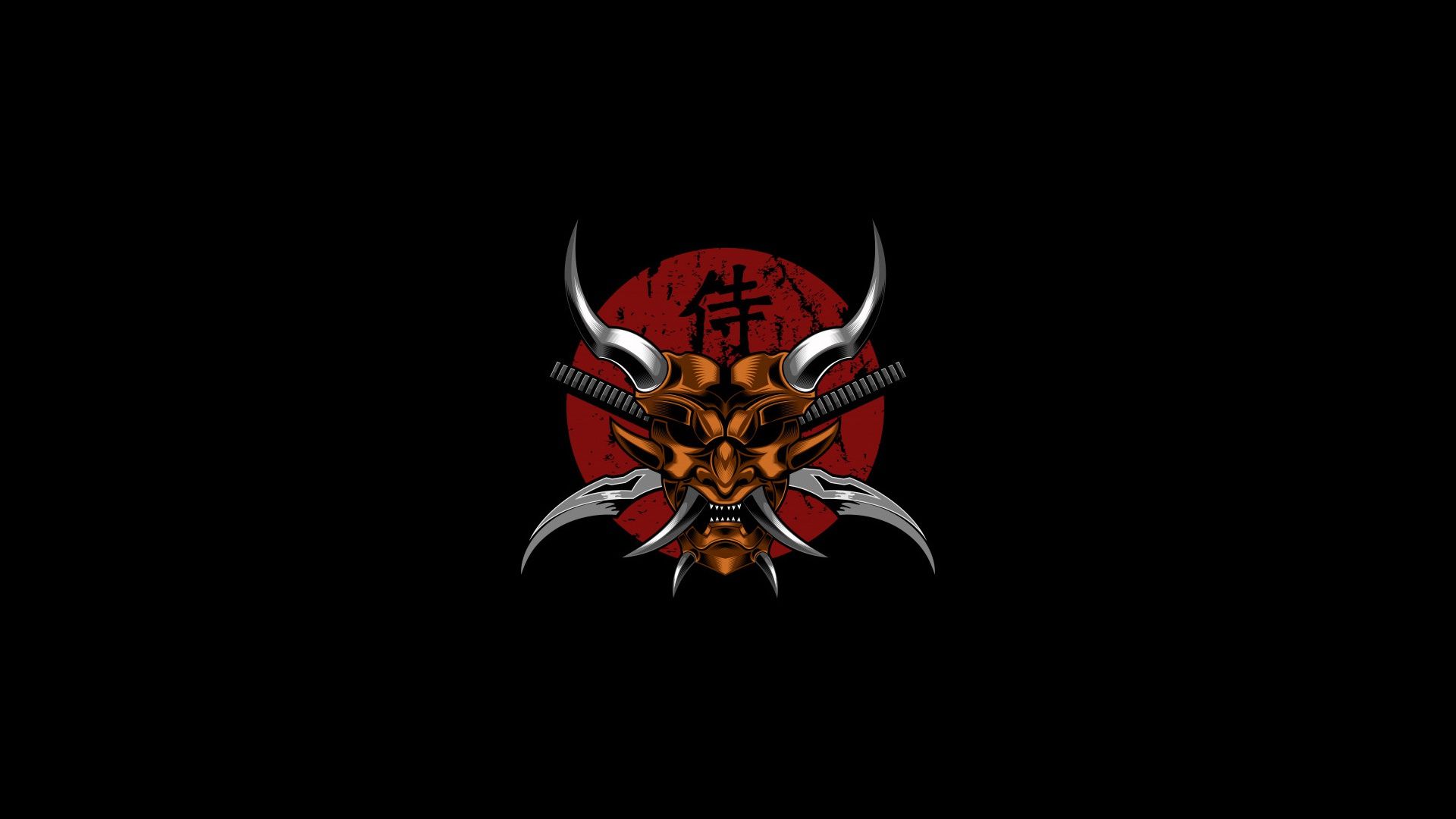 simple background, demon, samurai, artwork, minimalism, oni mask