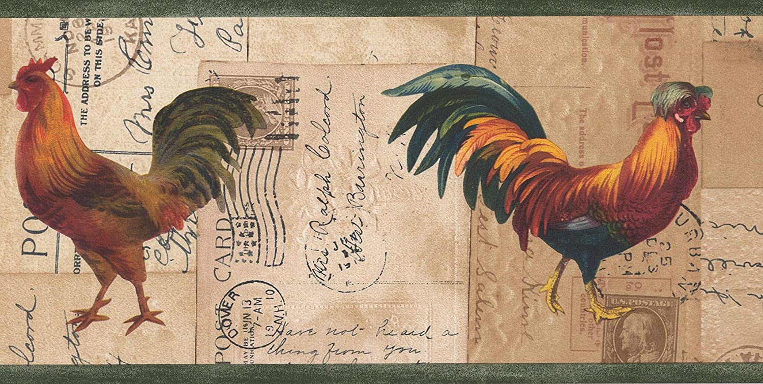 Rooster Chicken on Postcard Wallpaper Border Retro Design, Roll 15