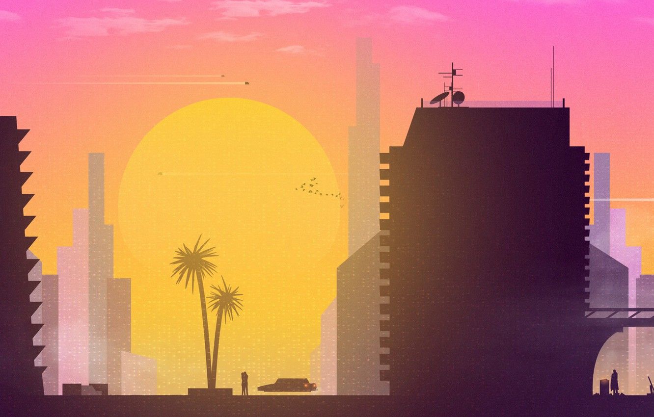 Wallpapers Sunset, The sun, Minimalism, The city, Art, Synth
