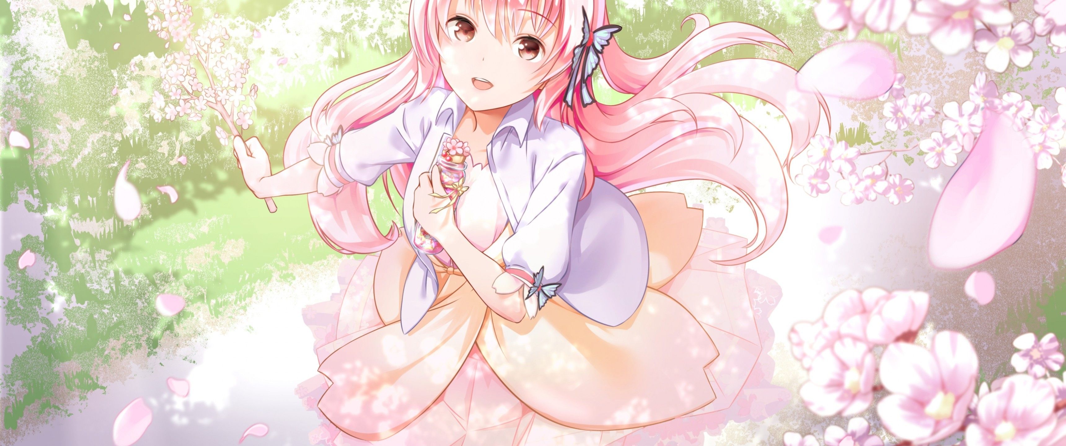 Download 3440x1440 Anime Girl, Sakura Blossom, Pink Hair Wallpaper
