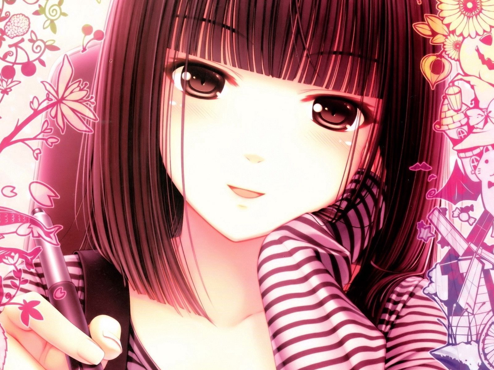 Download wallpaper 1600x1200 anime, girl, face, pen, white, pink
