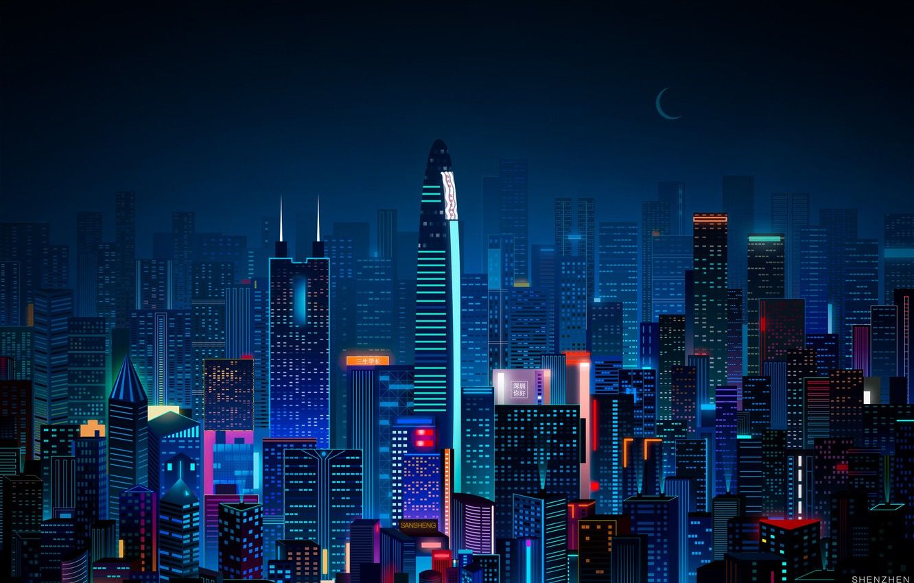 Wallpaper China, Minimalism, Night, The city, Neon, Style, Skyscrapers, Building, China, City, Art, Art, Style, Night, Neon, Skyscraper image for desktop, section минимализм