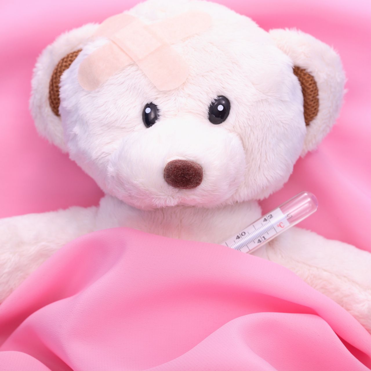 Download wallpaper 1280x1280 toy, teddy bear, thermometer, bed
