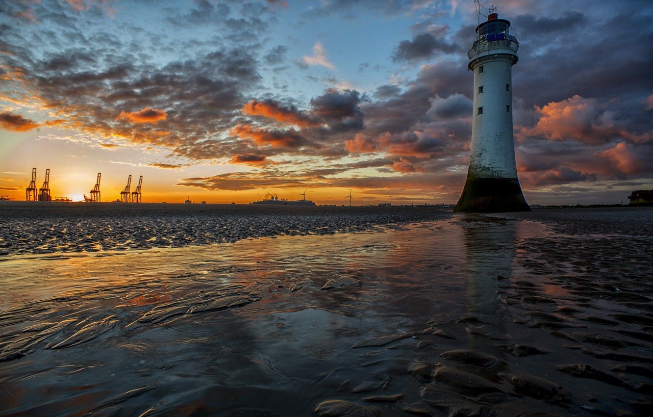 Wallpaper sunset, lighthouse, Sunrise, ships, burst of colour