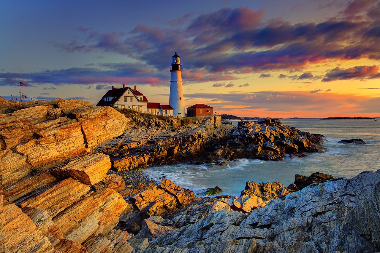 Photos USA portland Rock Nature Lighthouses Sky Sunrises and sunsets