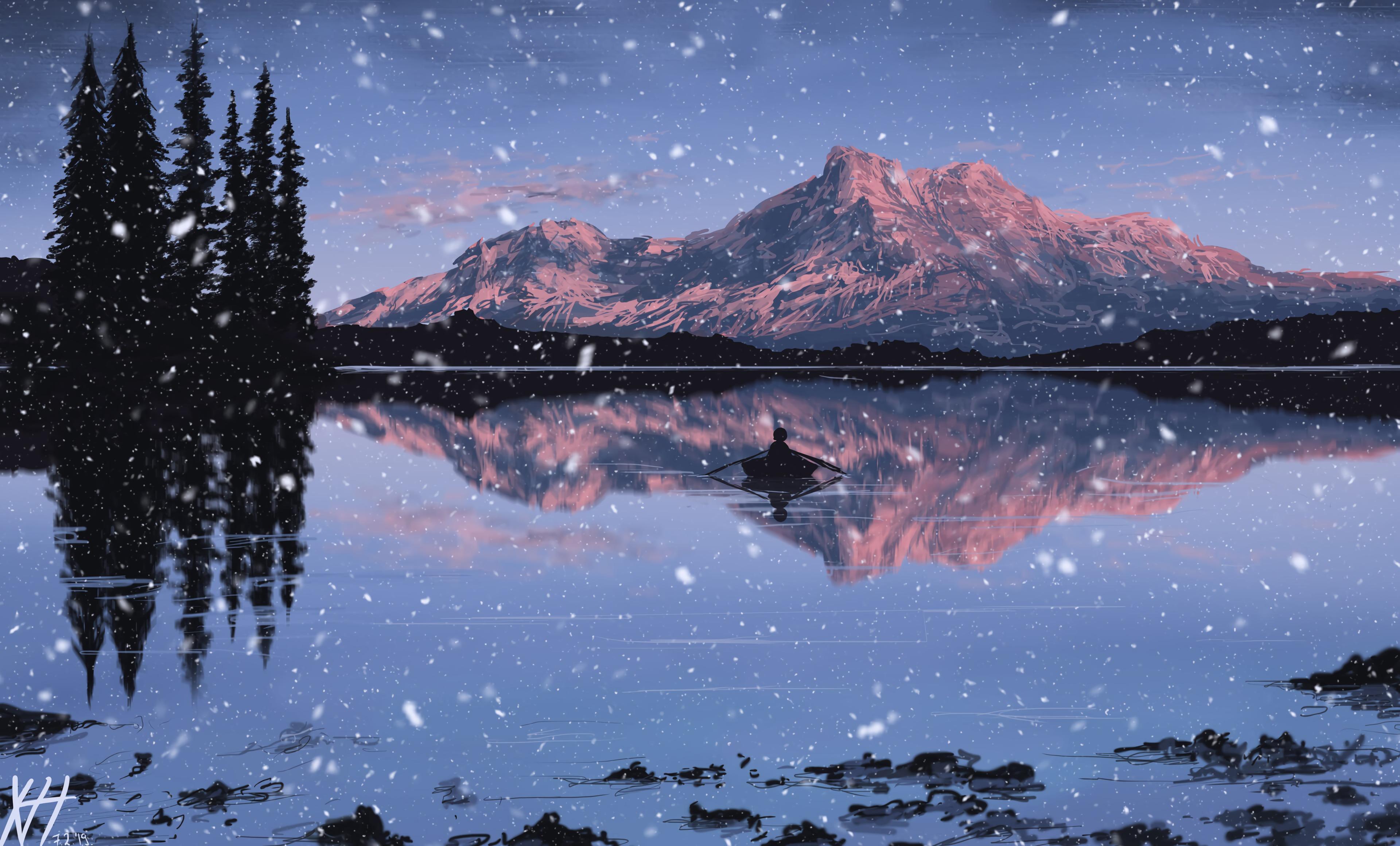 wallpaper lake, mountains, boat, art, snow, twilight, reflection
