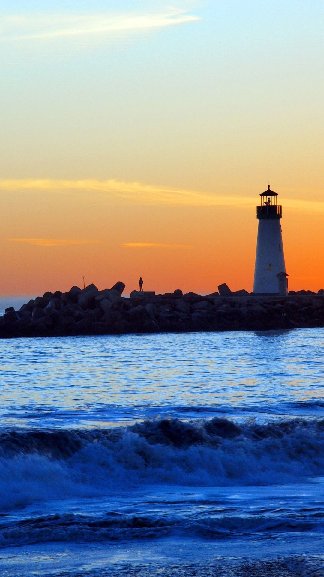 Sea, coast, lighthouse, people, sunset, clouds 1080x1920 iPhone 8