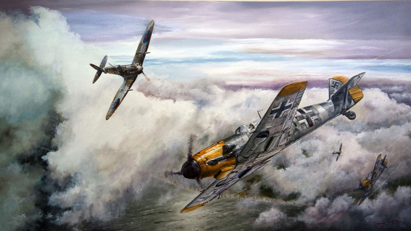 Messerschmitt Bf 109 and Spitfire engage above Dover, during
