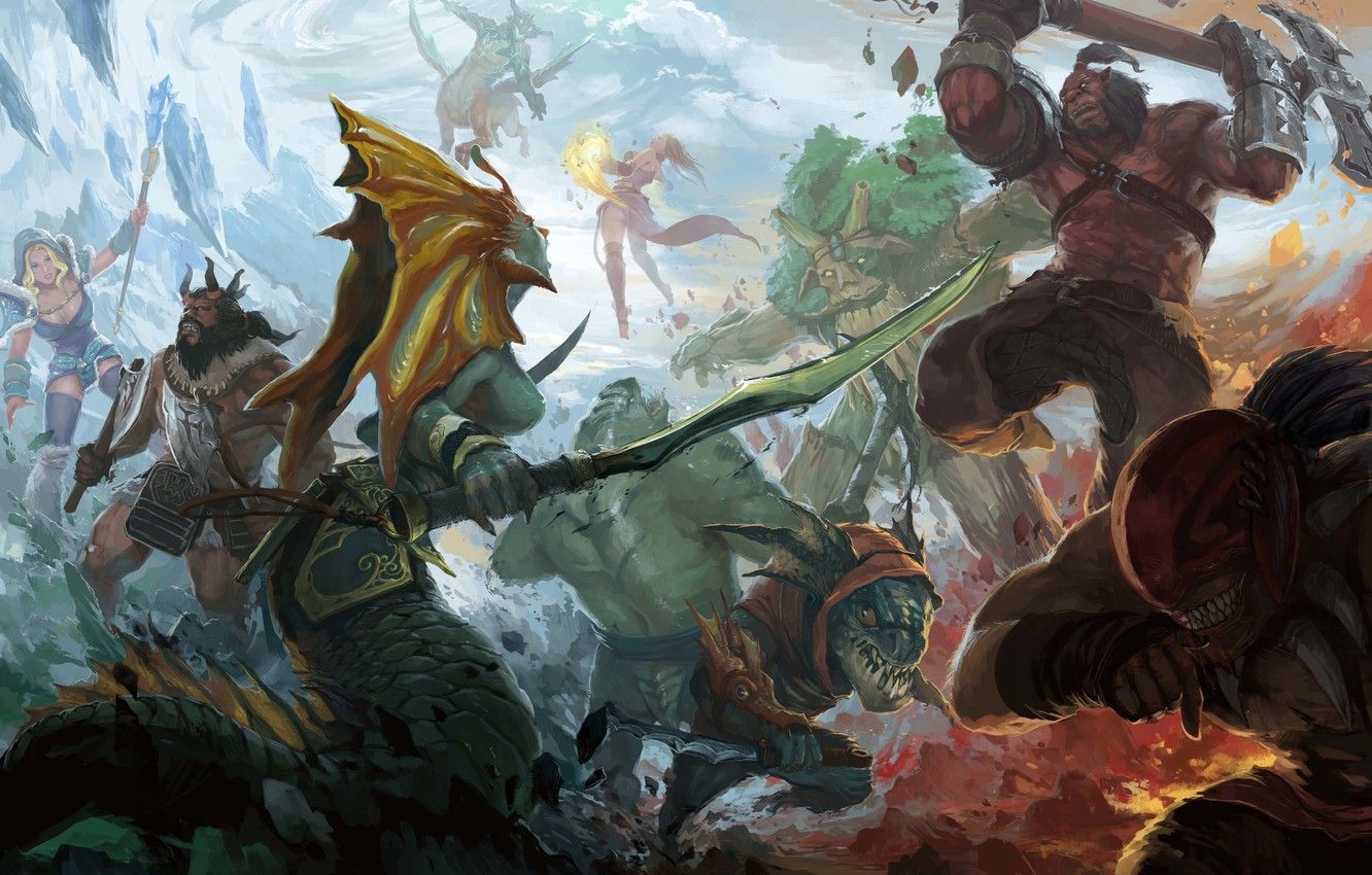 Wallpaper art, Slayer, battle, Crystal Maiden, Bloodseeker, Dota 2