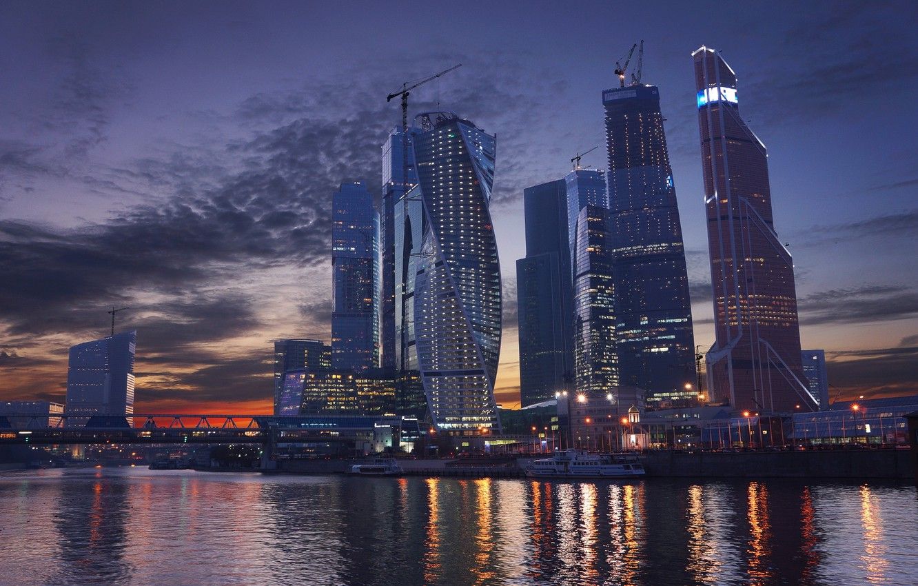 Wallpaper Sunset, The sky, River, Skyscrapers, Moscow, Russia