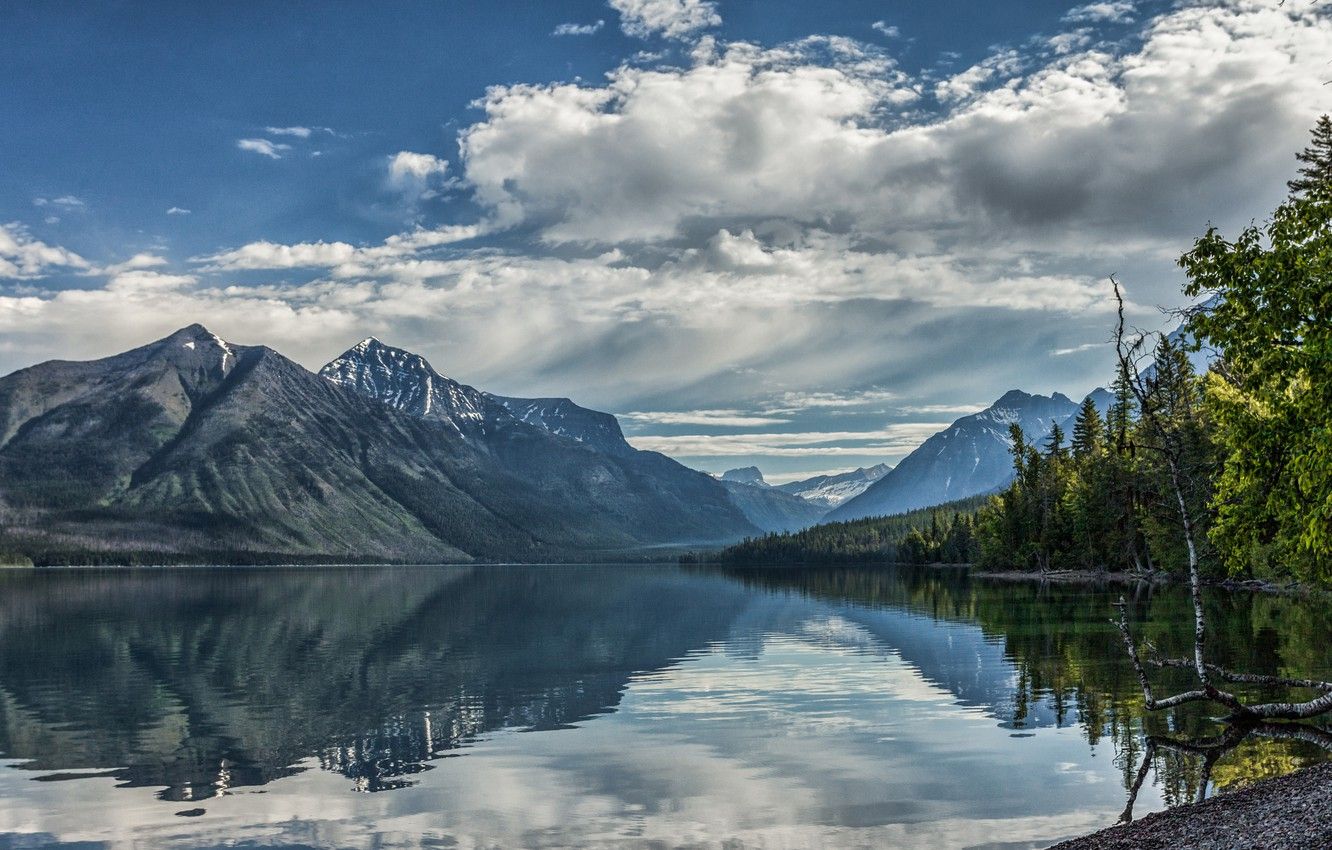 Wallpaper clouds, trees, mountains, lake, reflection, Montana