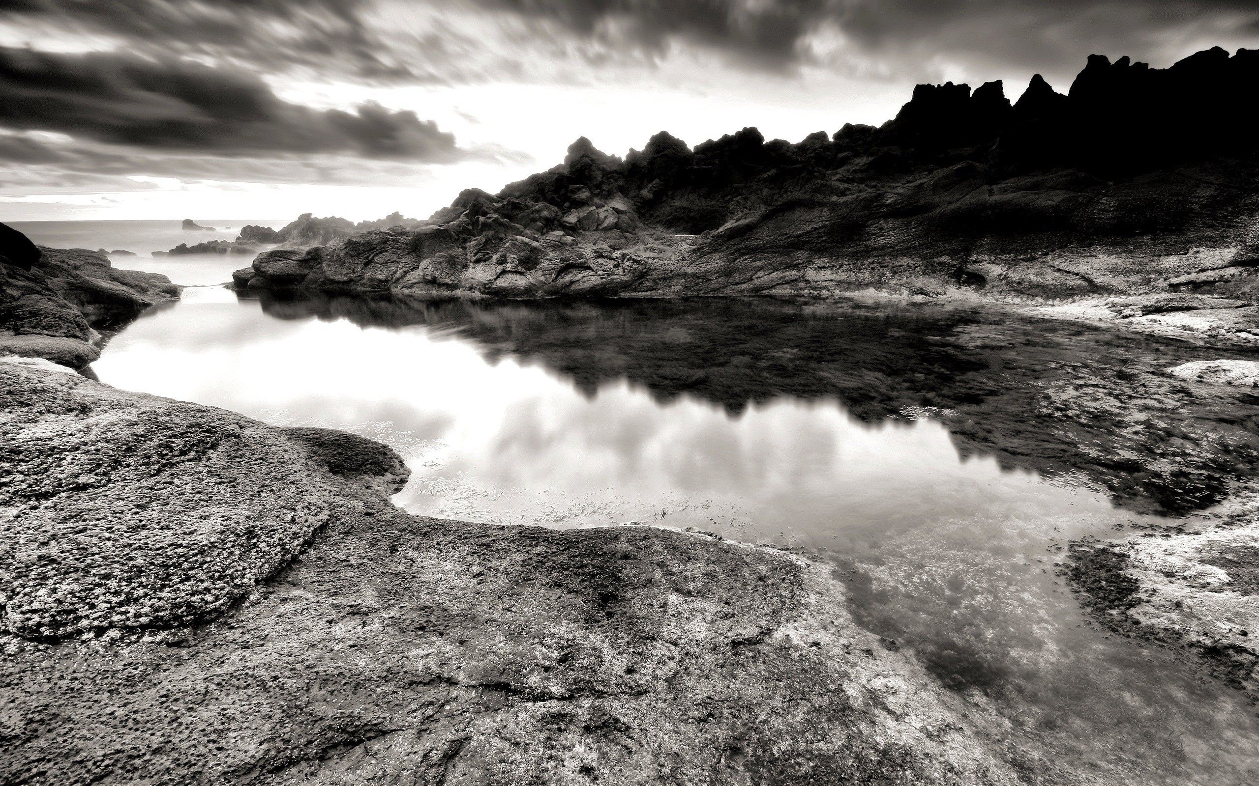 nature, Monochrome, Landscape, Water, Rock, Long Exposure, Clouds