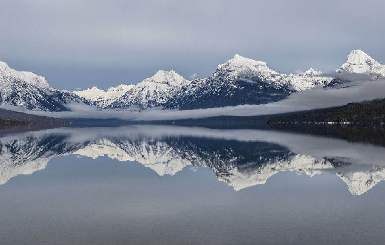 Wallpaper forest, water, snow, trees, mountains, fog, lake