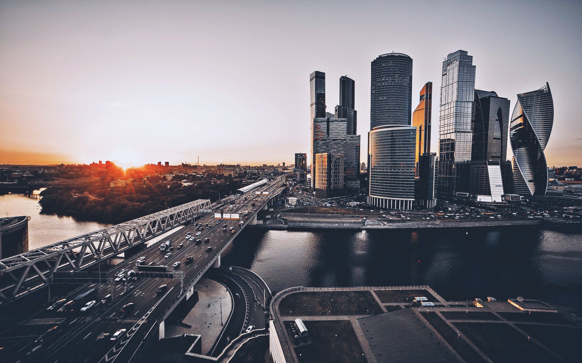 Download wallpaper Moscow City, sunset, panorama, Russia, modern