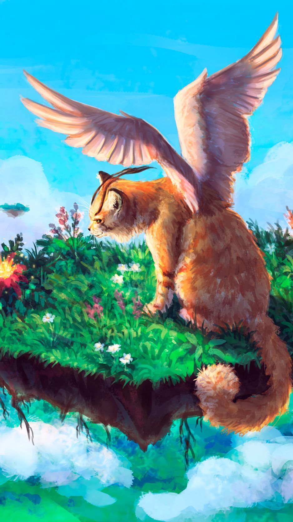 Download wallpaper 938x1668 animal, fantasy, art, cat, wings