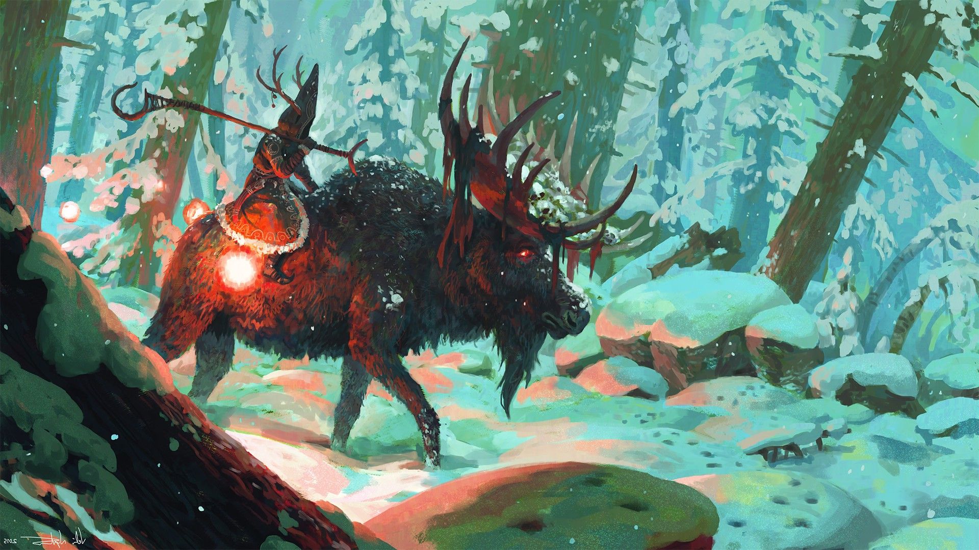 artwork, Fantasy Art, Deer, Wizard, Animals, Forest, Snow, Horns
