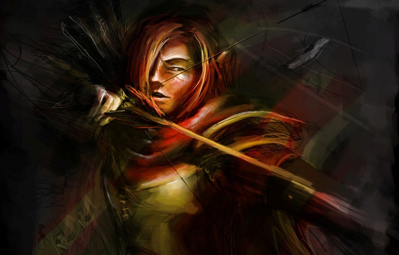 Wallpaper girl, bow, Archer, art, freckles, red, arrows, Dota 2