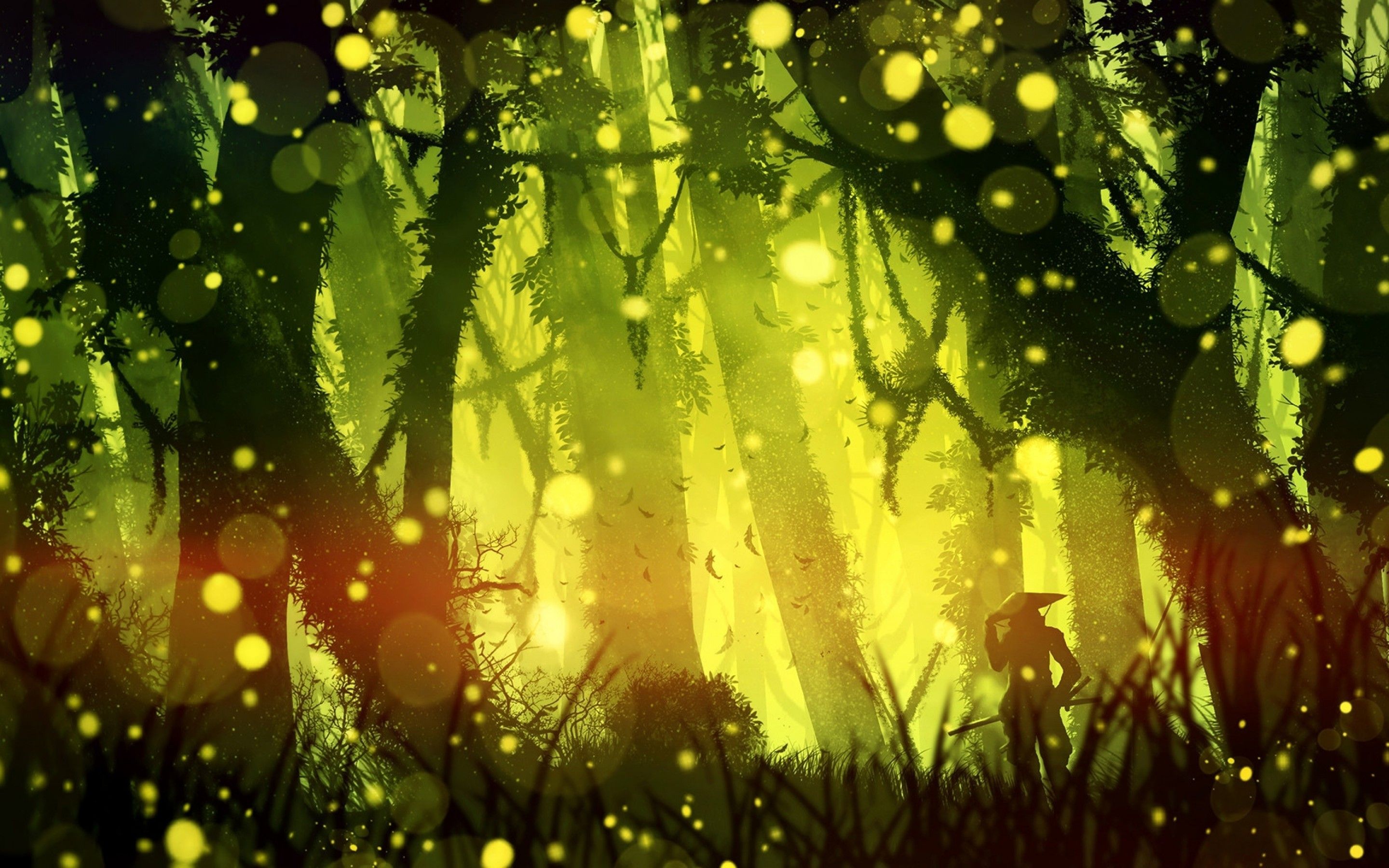 Download 2880x1800 Ninja, Forest, Green, Firefly, Silhouette