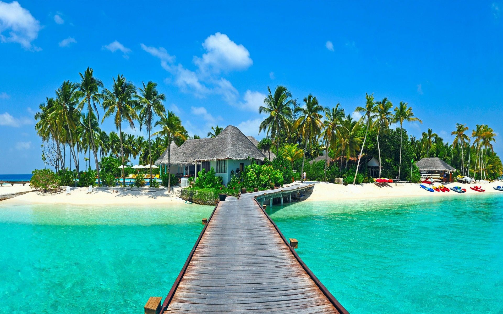 Download wallpaper tropical island, beach, bungalows, Maldives