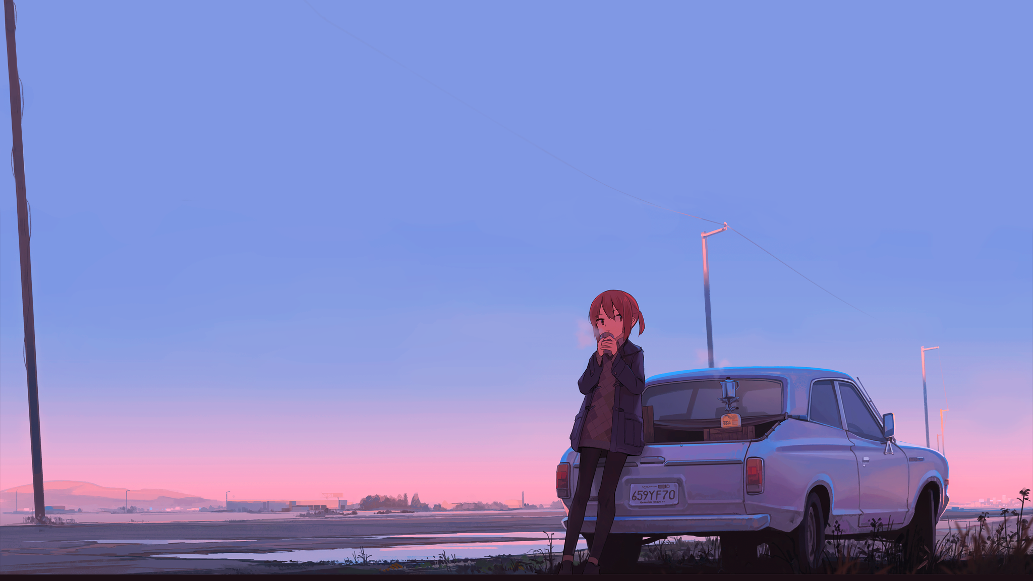 Anime 2048x1152 car sunset anime girls original characters. Ý