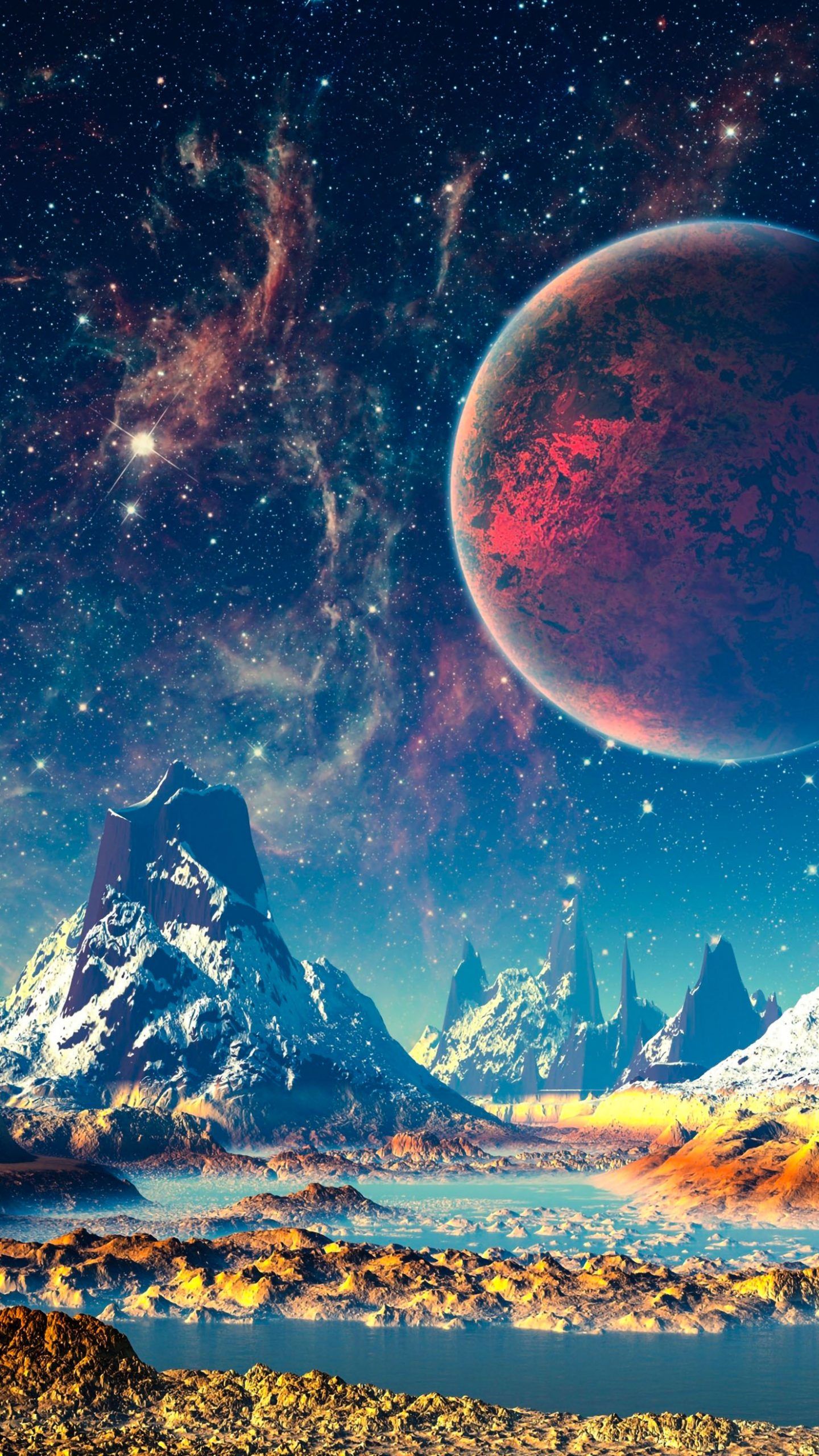 Fantasy World Mountains River Planets Stars 4K Wallpaper