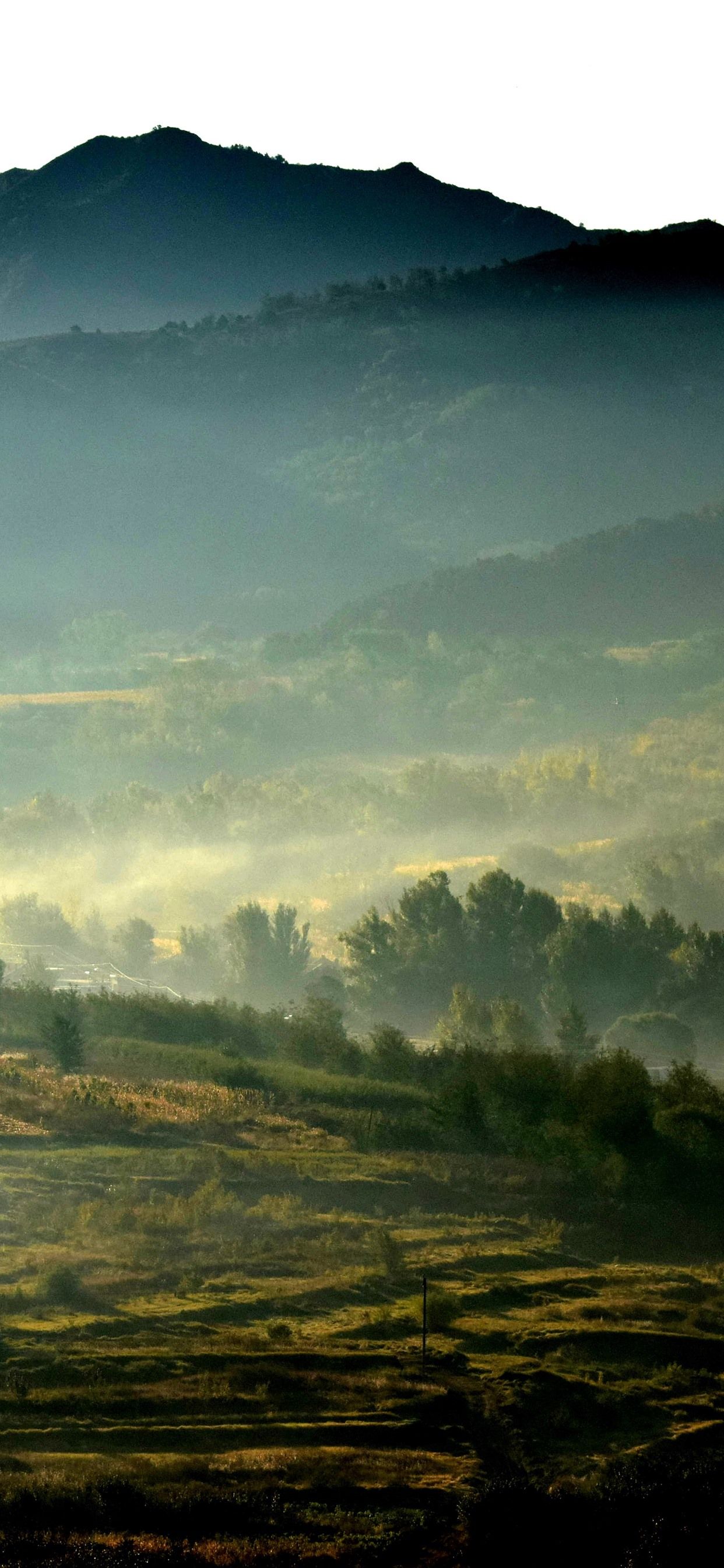 Morning, fog, mountains, fields, countryside 1242x2688 iPhone 11