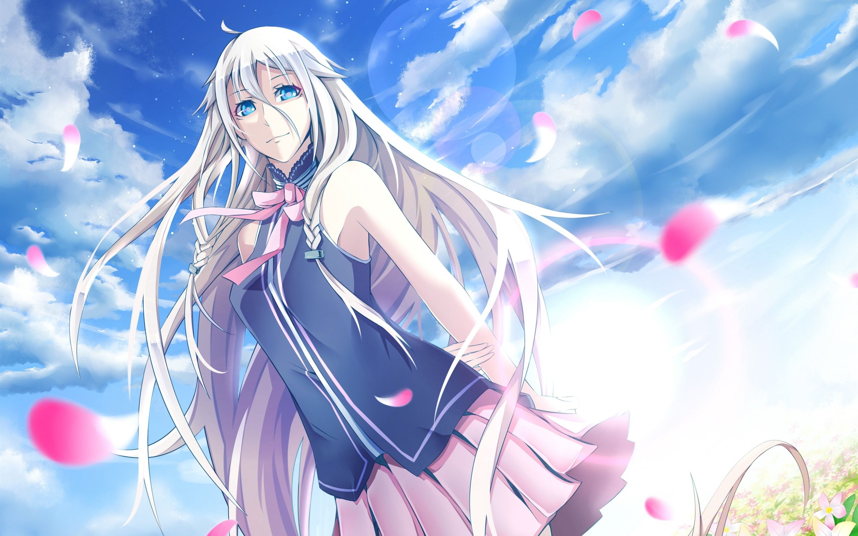 Wallpaper Long hair anime girl, blue eyes, sky, petals 2880x1800