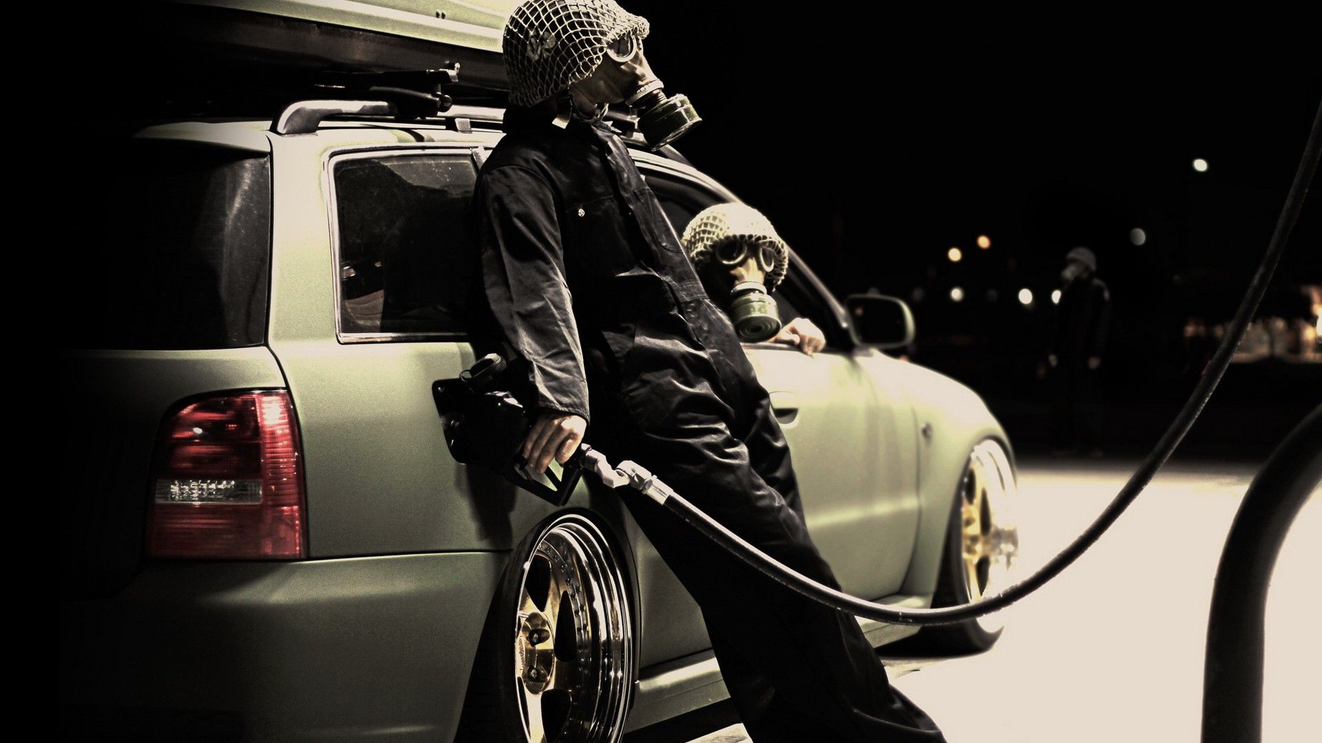 cars, gas masks, gas station wallpaper