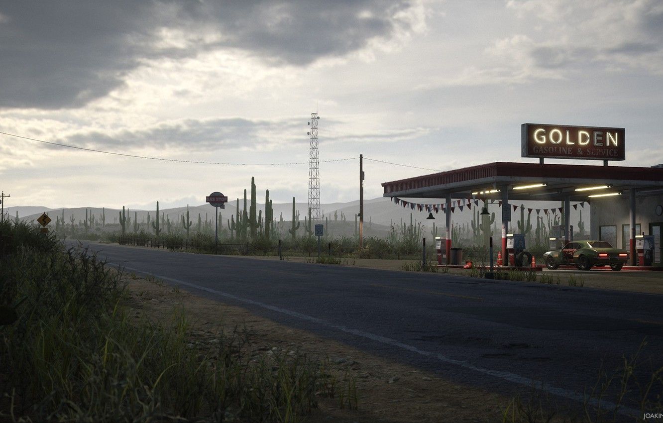 Wallpaper station, highway, cacti, Desert Gas Station, Golden