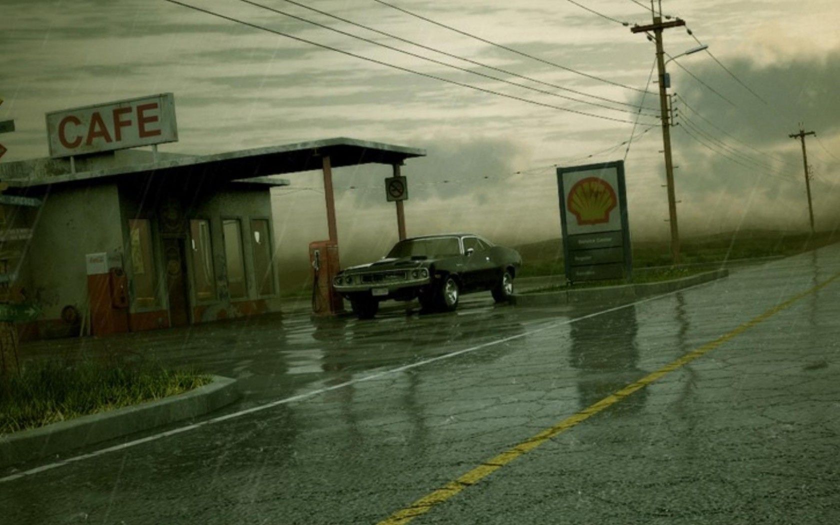 Dodge Charger At A Gas Station In The Rain HD desktop wallpaper